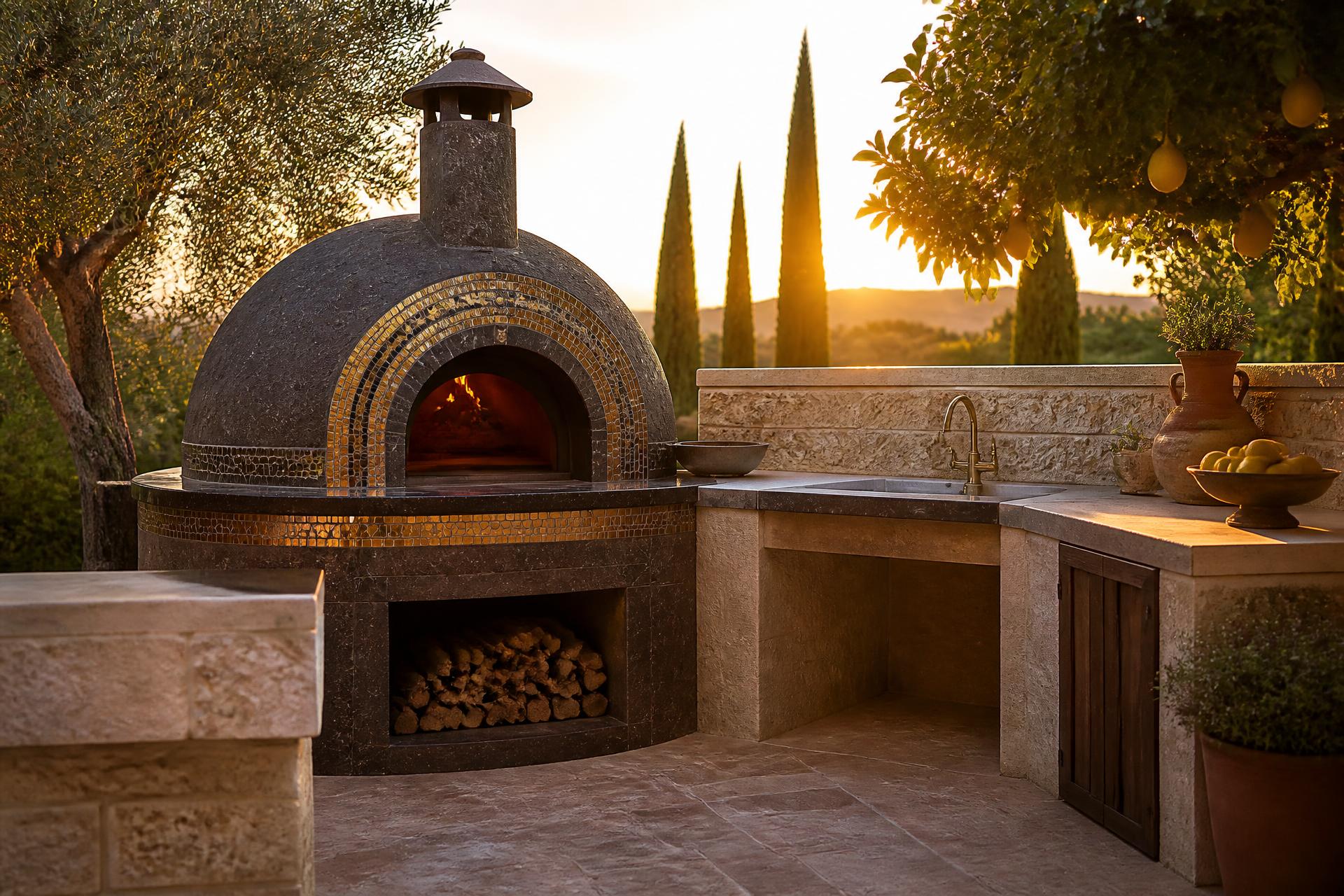 Four à pizza artisanal sicilien dans une terrasse en pierre au coucher de soleil